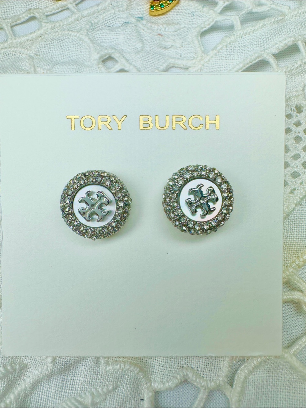 Tory Burch Silver Crystal Logo Circle Stud Earrings